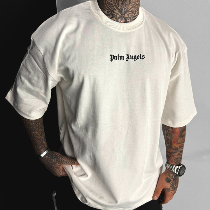 Men's beige design short sleeve cotton T-shirt